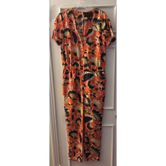 J .Crew Collection Silk Jumpsuit Hibiscus Floral Short Sleeve 4  V-Neck Pockets - Picture 3 of 5